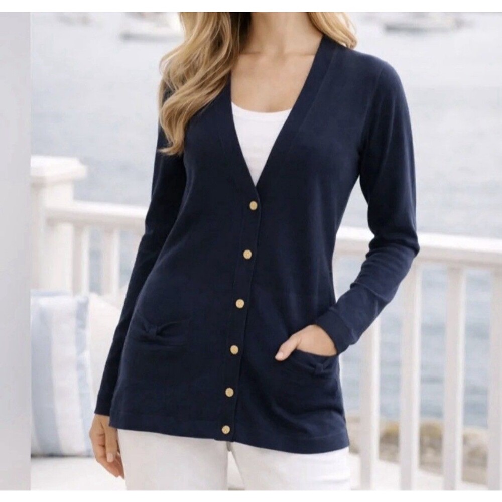 Lilly Pulitzer Navy Blue Silk Blend Long Sleeve Daisy Button Cardigan Women Sz M